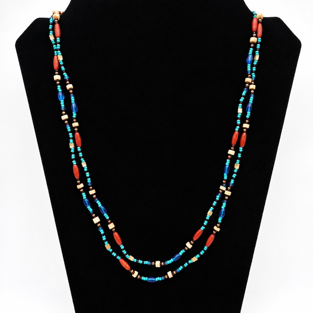Premier Designs Sedona Necklace Turquoise Blue Brown Beaded Double Strand 24in
